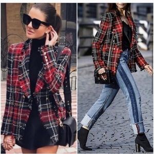 New Rachel Zoe Red Tweed Plaid Tartan Double Breasted Blazer Jacket NWT Medium